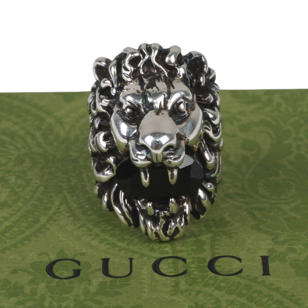 Authentic Gucci Lion Head Motif Crystal Ring In Silver & Black