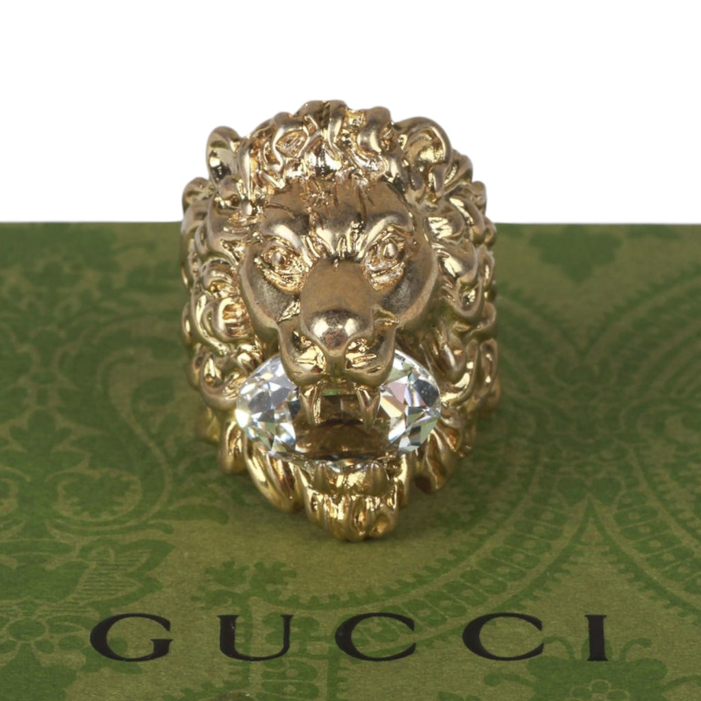 Authentic Gucci Lion Head Motif Crystal Ring In Gold