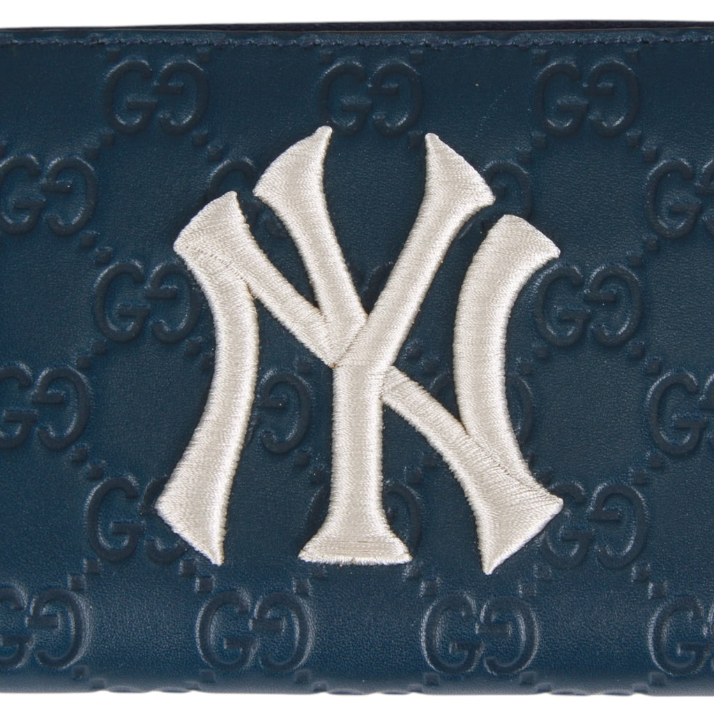 Authentic Gucci  X MLB Guccissima NY Yankees Embroidered Zip Around Wallet