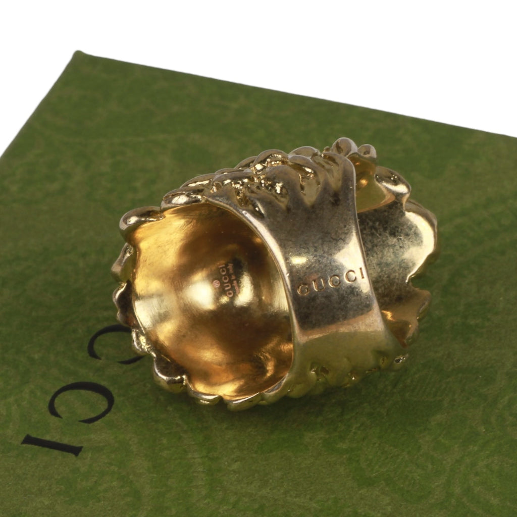 Authentic Gucci Lion Head Motif Crystal Ring In Gold & Green