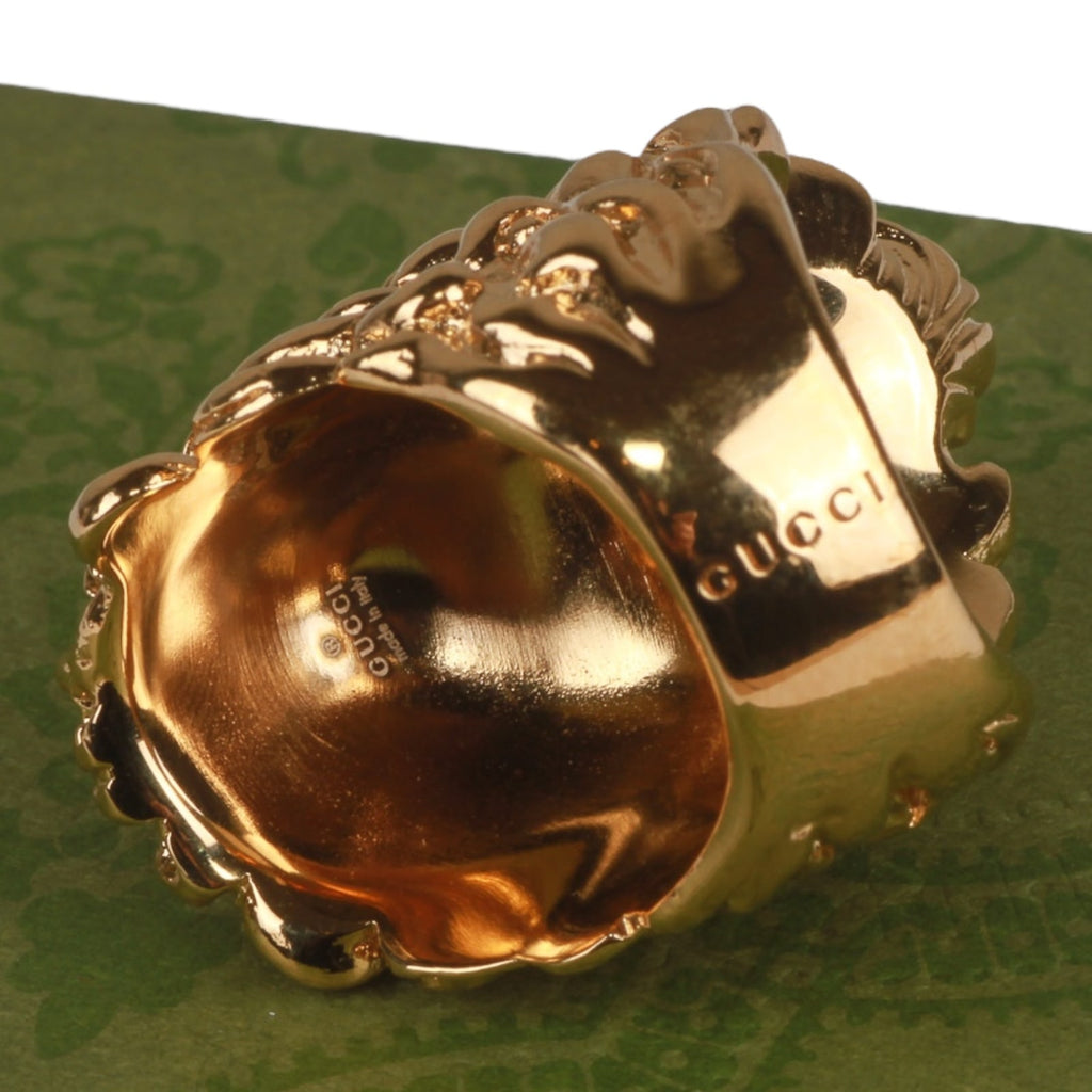 Authentic Gucci Lion Head Motif Gemstone Ring In Gold & Green