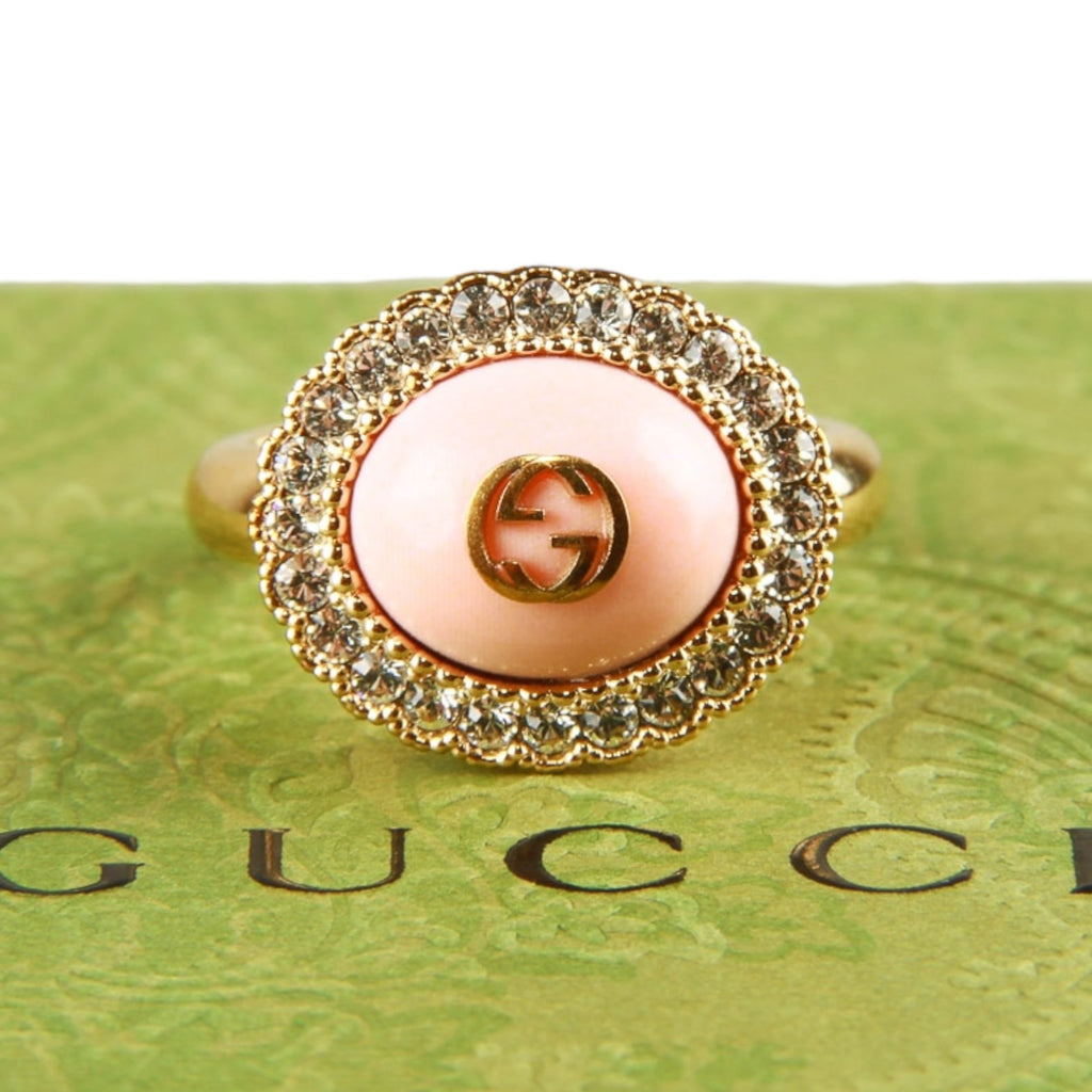 Authentic Gucci interlocking g logo crystal-embellished ring