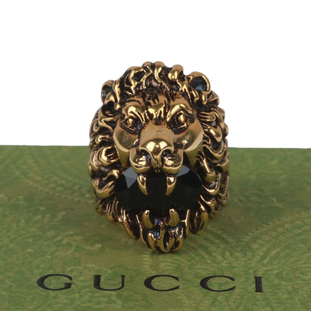 Authentic Gucci Lion Head Motif Crystal Ring In Gold Black