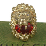 Authentic Gucci Lion Head Motif Crystal Ring In Gold & Red