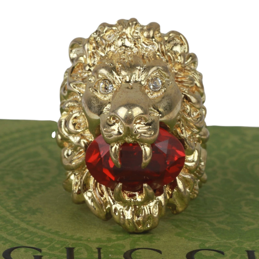 Authentic Gucci Lion Head Motif Crystal Ring In Gold & Red