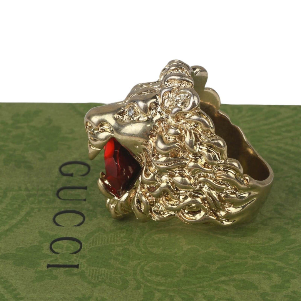 Authentic Gucci Lion Head Motif Crystal Ring In Gold & Red