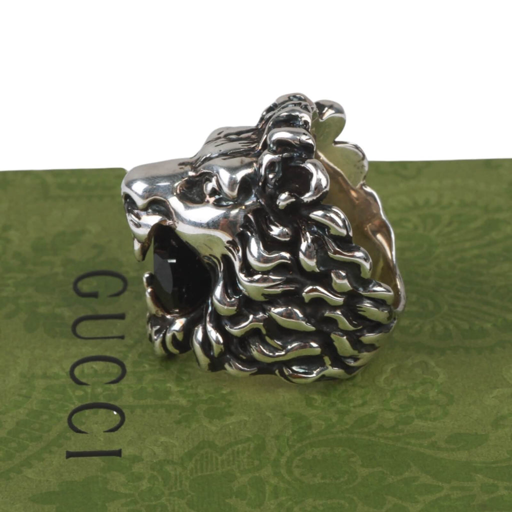 Authentic Gucci Lion Head Motif Crystal Ring In Silver & Black