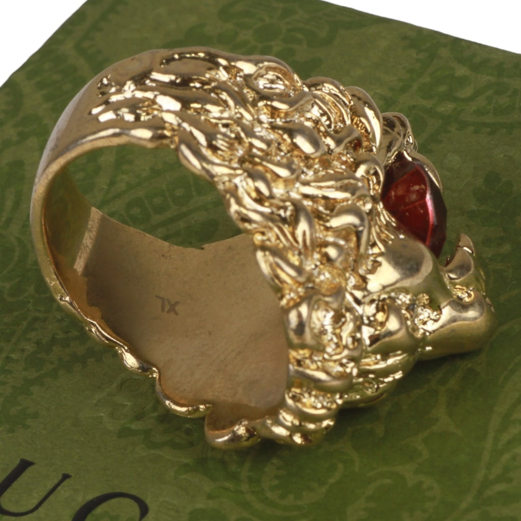 Authentic Gucci Lion Head Motif Crystal Ring In Gold & Red