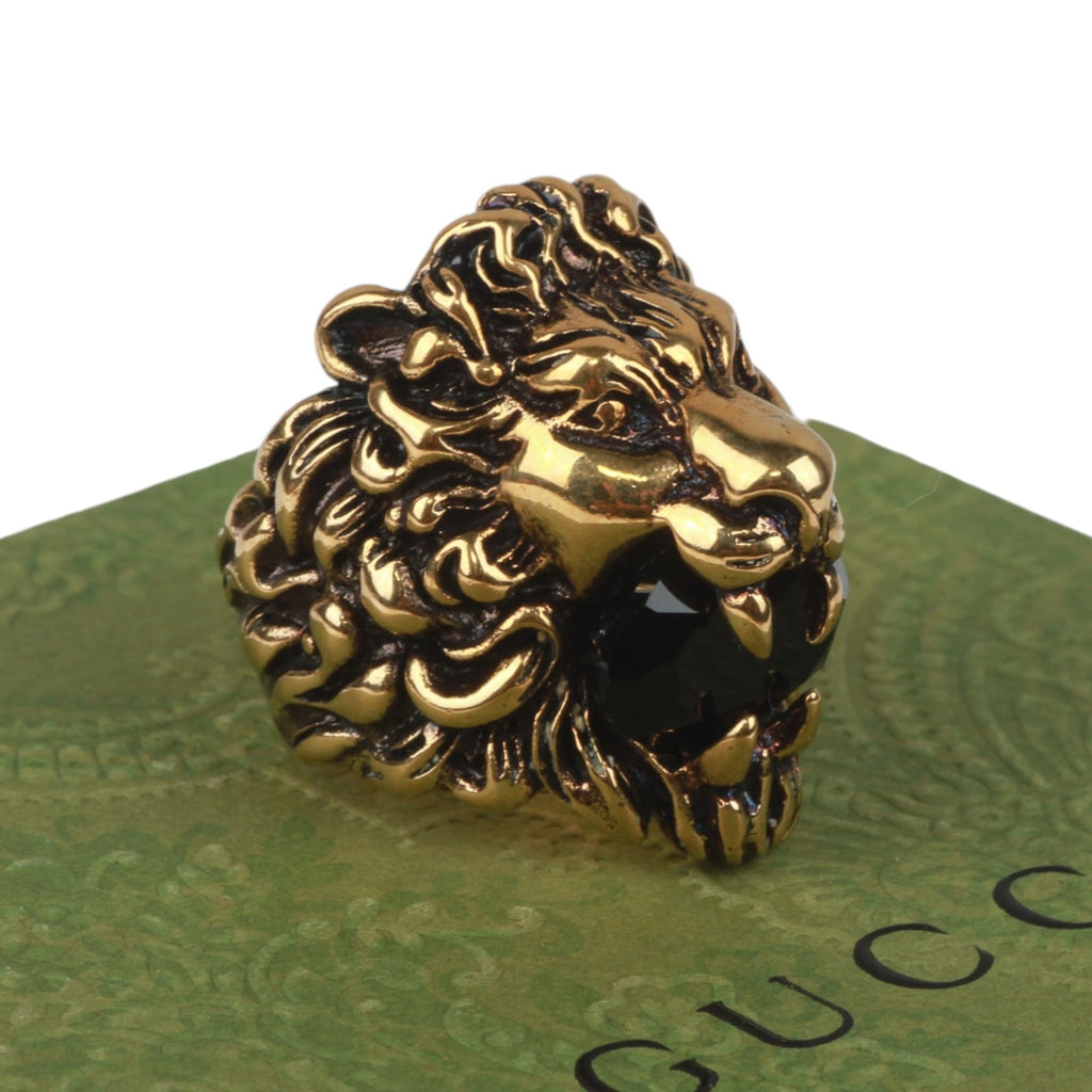 Authentic Gucci Lion Head Motif Crystal Ring In Gold Black