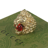 Authentic Gucci Lion Head Motif Crystal Ring In Gold & Red