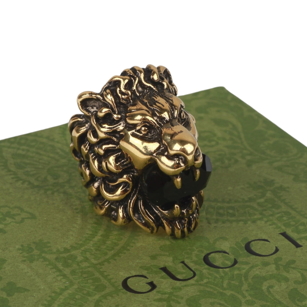 Authentic Gucci Lion Head Motif Crystal Ring In Gold & Black