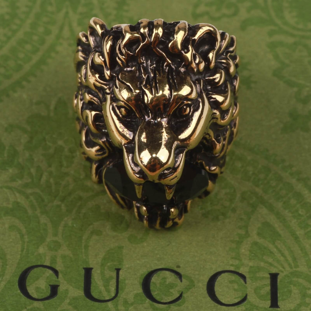 Authentic Gucci Lion Head Motif Crystal Ring In Gold & Black