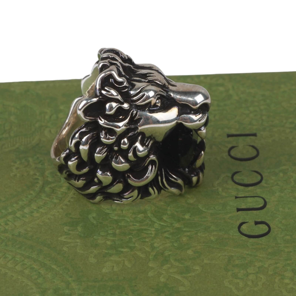 Authentic Gucci Lion Head Motif Crystal Ring In Silver & Black