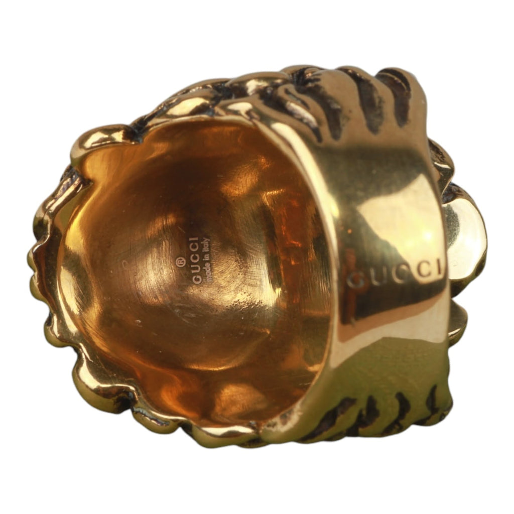 Authentic Gucci Lion Head Motif Crystal Ring In Gold Black