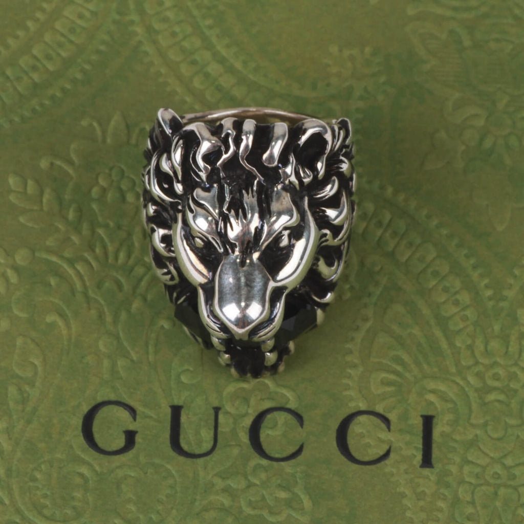 Authentic Gucci Lion Head Motif Crystal Ring In Silver & Black