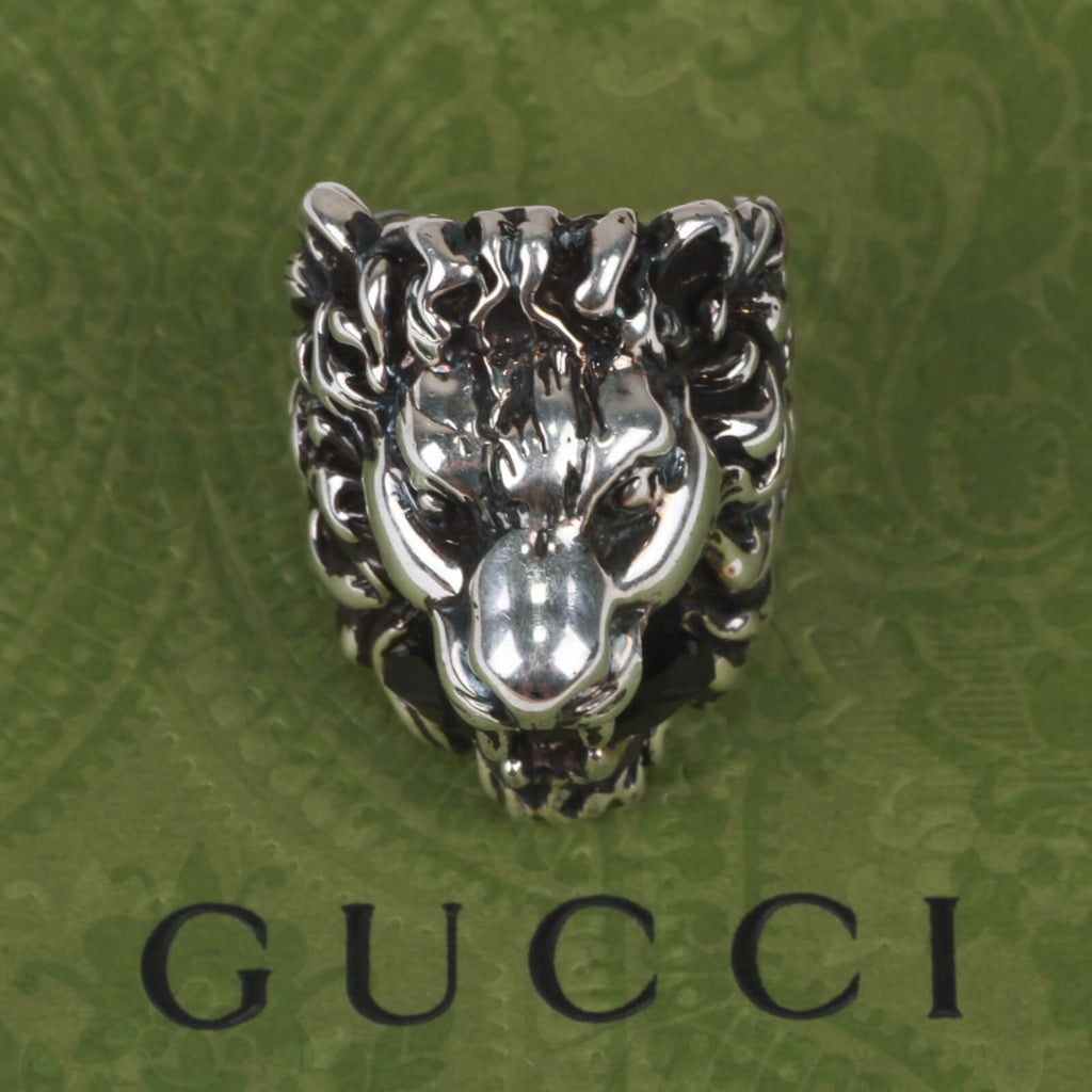 Authentic Gucci Lion Head Motif Crystal Ring In Silver & Black