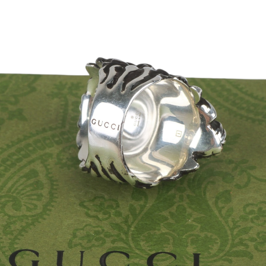 Authentic Gucci Lion Head Motif Crystal Ring In Silver & Black