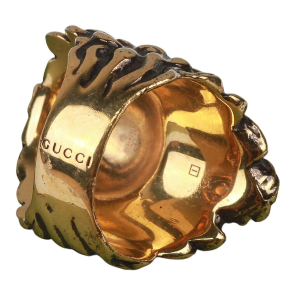 Authentic Gucci Lion Head Motif Crystal Ring In Gold & Black