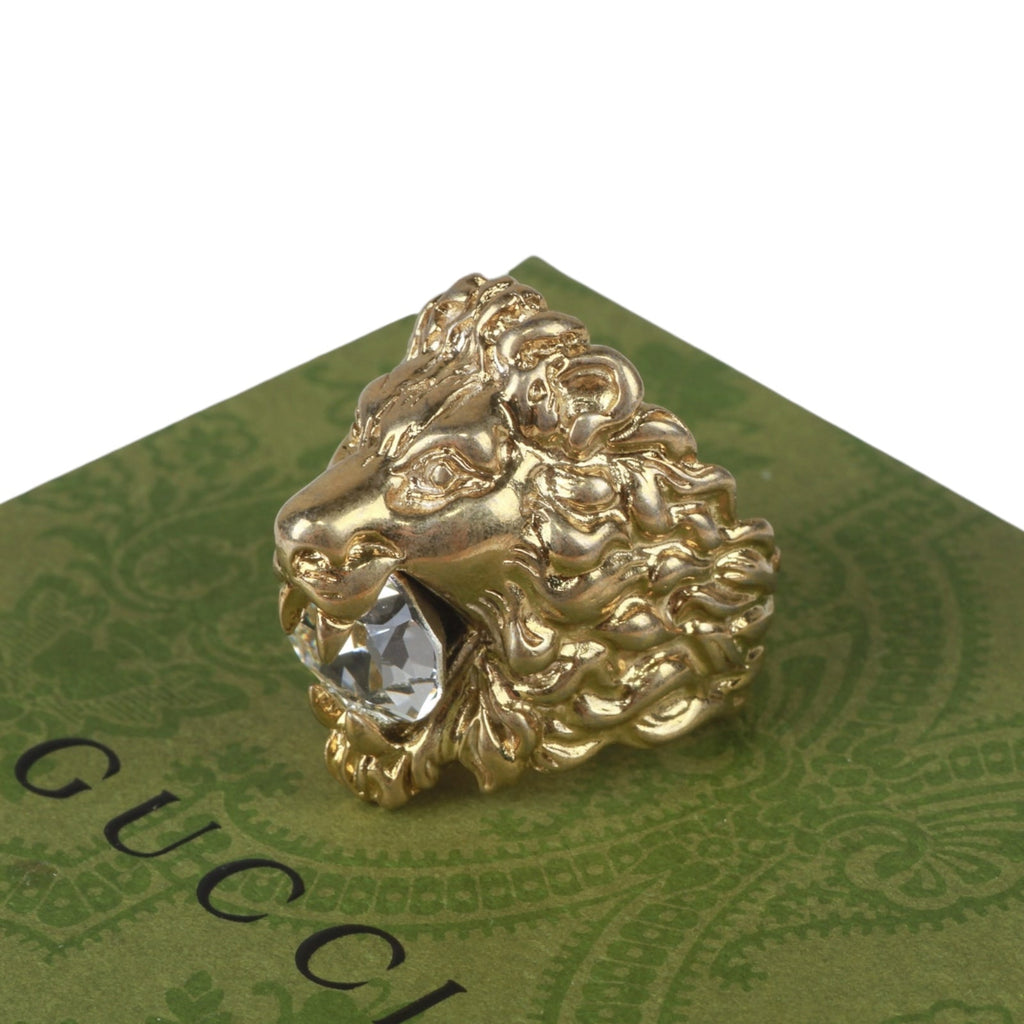 Authentic Gucci Lion Head Motif Crystal Ring In Gold