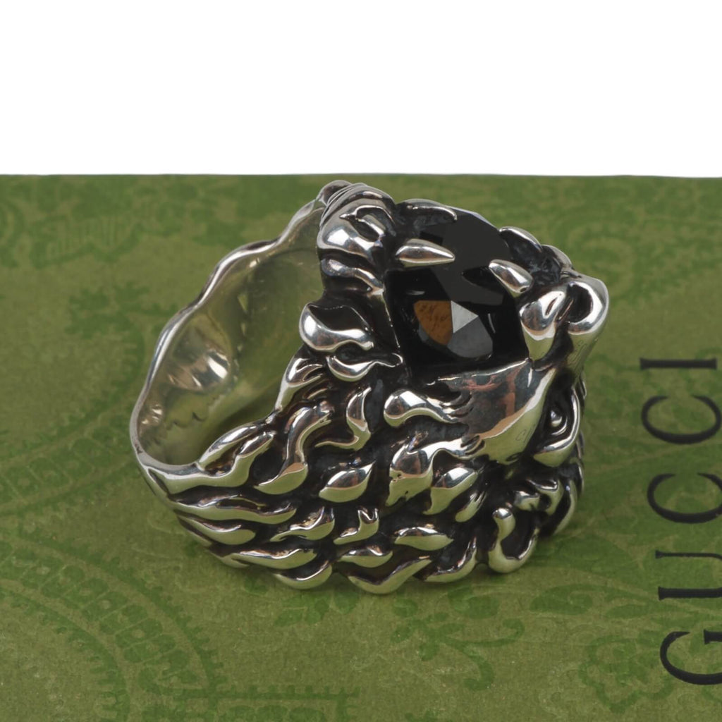 Authentic Gucci Lion Head Motif Crystal Ring In Silver & Black