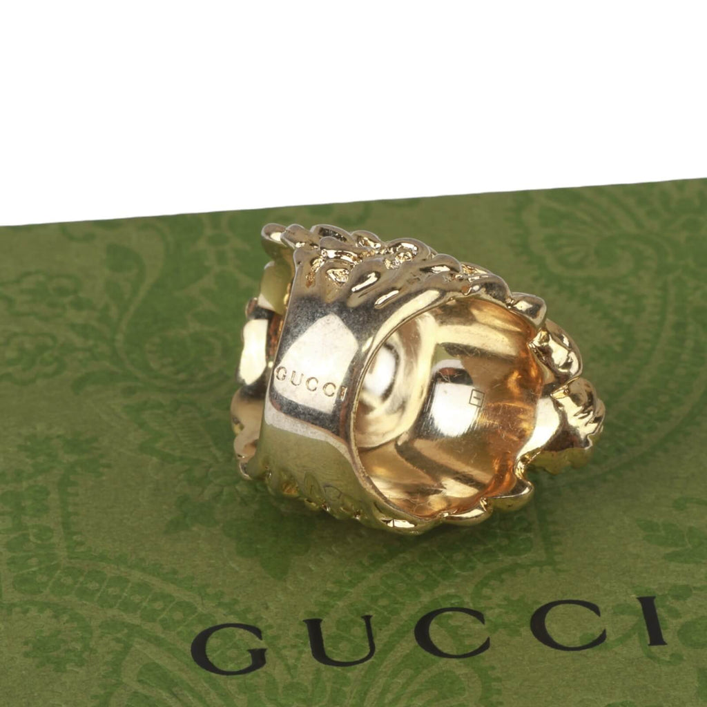 Authentic Gucci Lion Head Motif Crystal Ring In Gold & Green