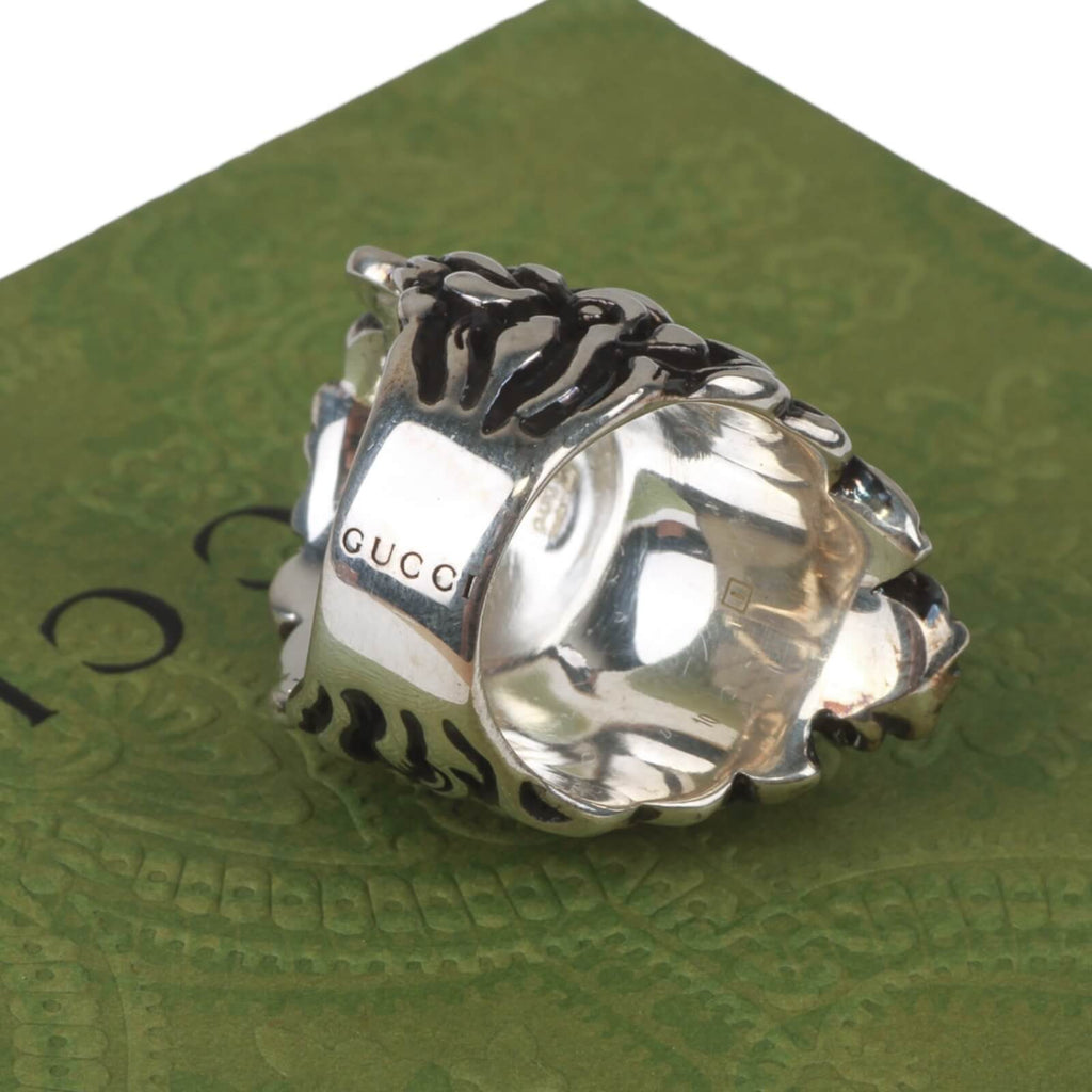 Authentic Gucci Lion Head Motif Crystal Ring In Silver & Black