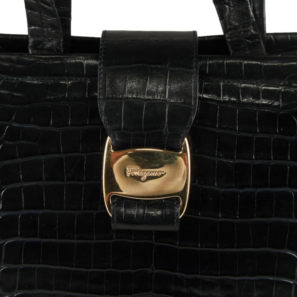 Authentic Salvatore Ferragamo black croc embossed two way bag