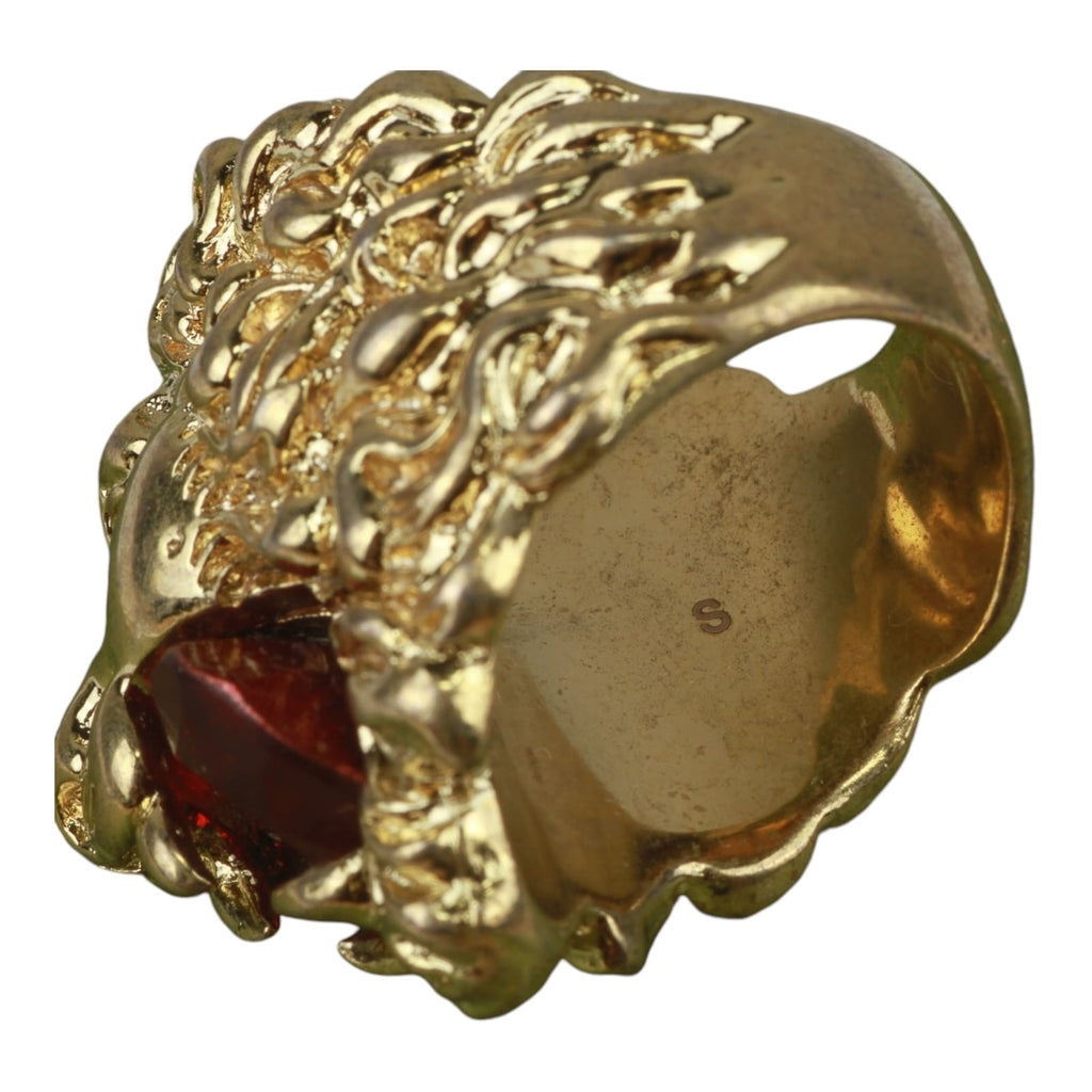 Authentic Gucci Lion Head Motif Crystal Ring In Gold & Red