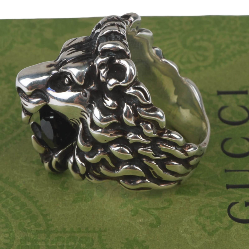 Authentic Gucci Lion Head Motif Crystal Ring In Silver & Black