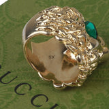 Authentic Gucci Lion Head Motif Crystal Ring In Gold & Green