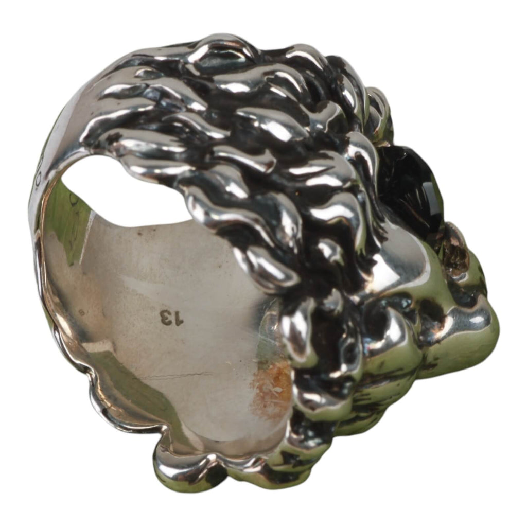 Authentic Gucci Lion Head Motif Crystal Ring In Silver & Black