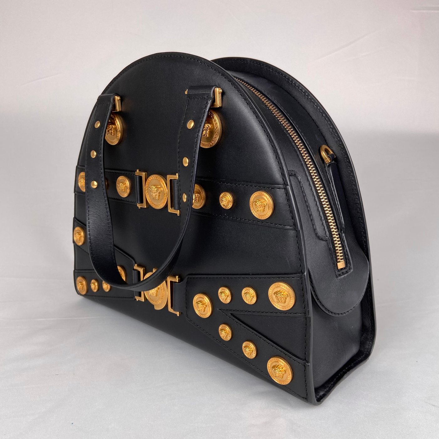 Versace Medusa Studded Dome Bag in Black Leather