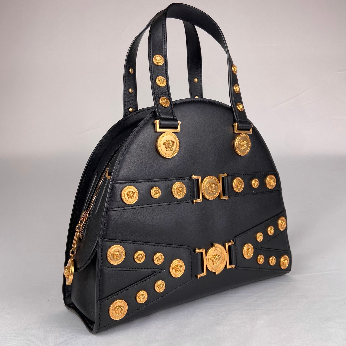 Versace Medusa Studded Dome Bag in Black Leather