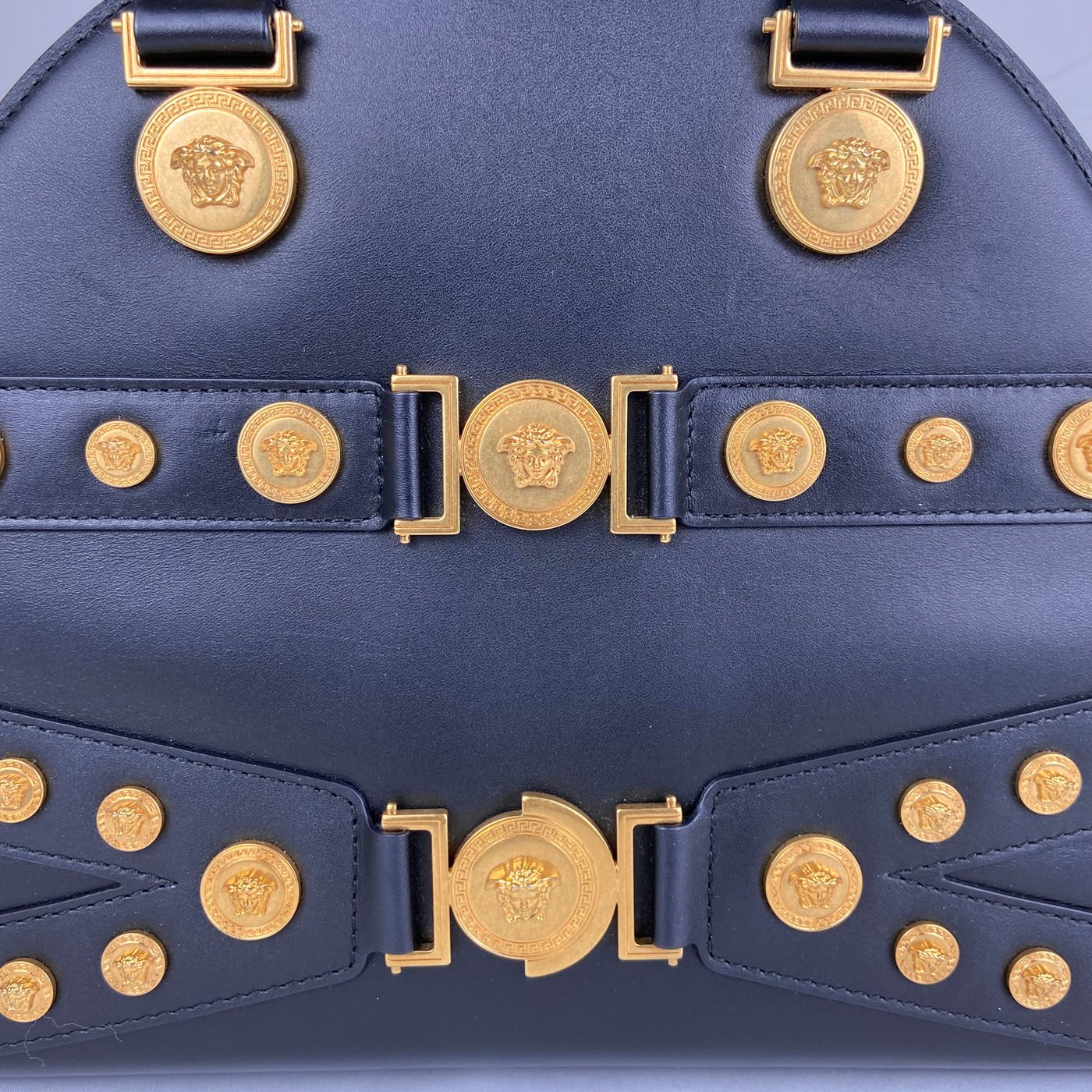 Versace Medusa Studded Dome Bag in Black Leather