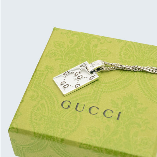 Gucci Polished Silver Ghost Dog Tag Pendant Necklace