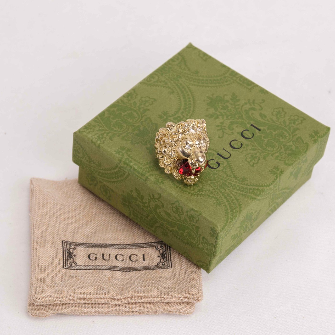 Gucci Lion Head Ring with Red Crystal