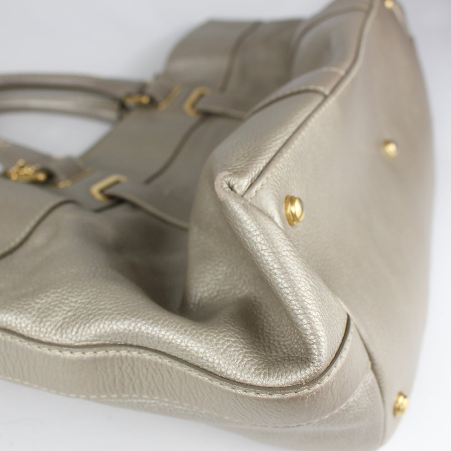 Authentic Pale Gold Textured Leather Satchel with Logo Charm