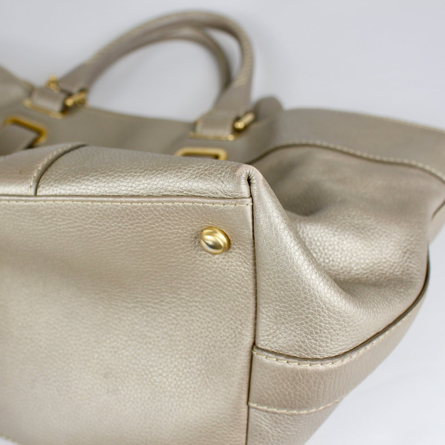 Authentic Pale Gold Textured Leather Satchel with Logo Charm