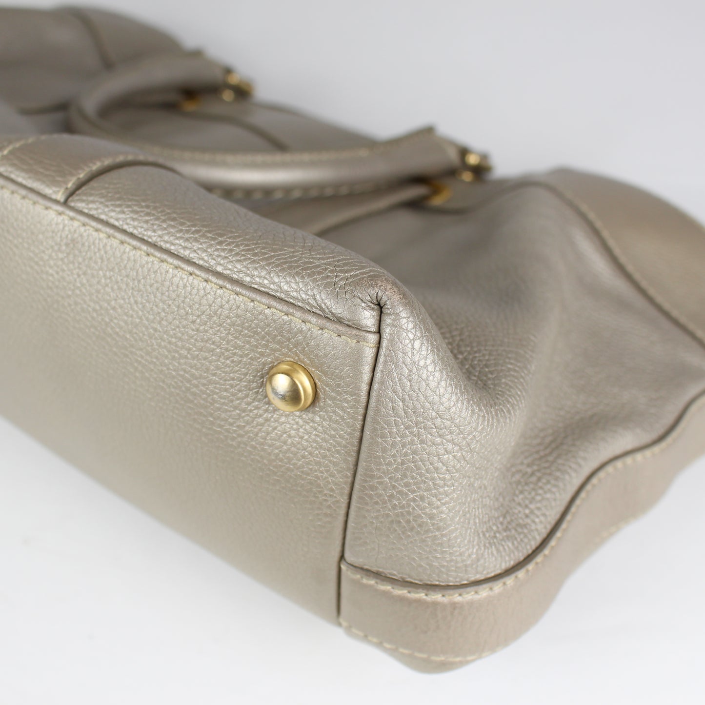 Authentic Pale Gold Textured Leather Satchel with Logo Charm