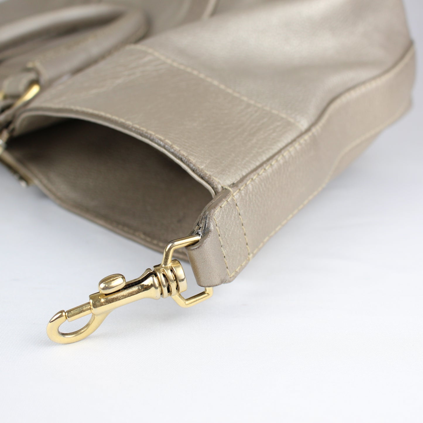 Authentic Pale Gold Textured Leather Satchel with Logo Charm