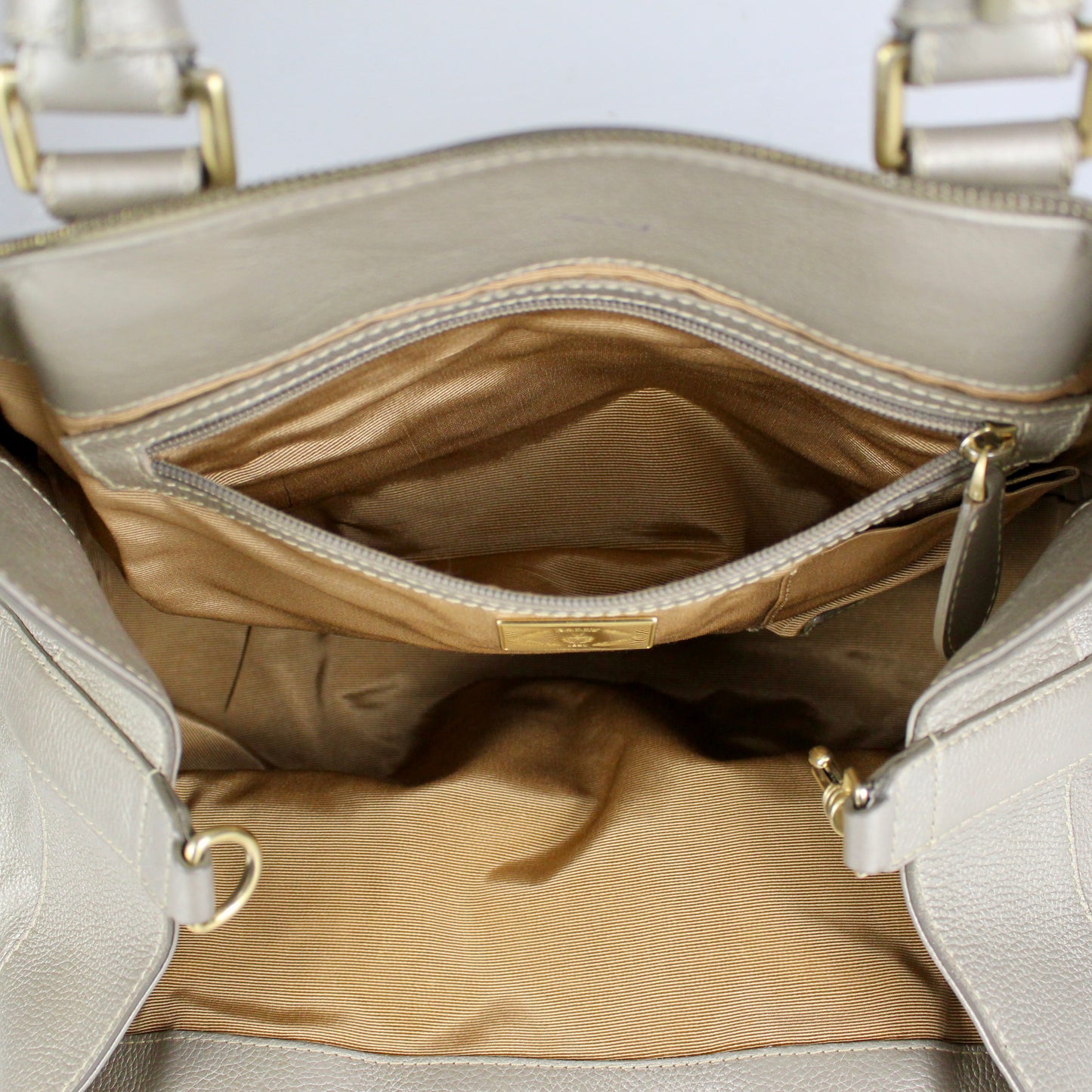 Authentic Pale Gold Textured Leather Satchel with Logo Charm
