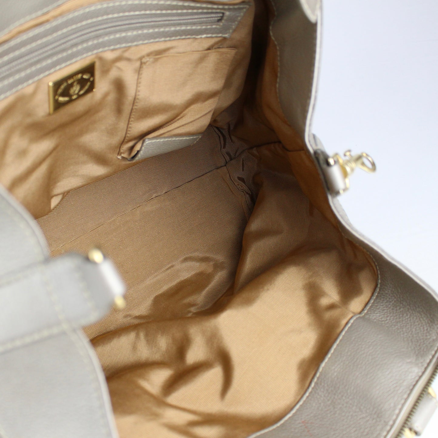 Authentic Pale Gold Textured Leather Satchel with Logo Charm