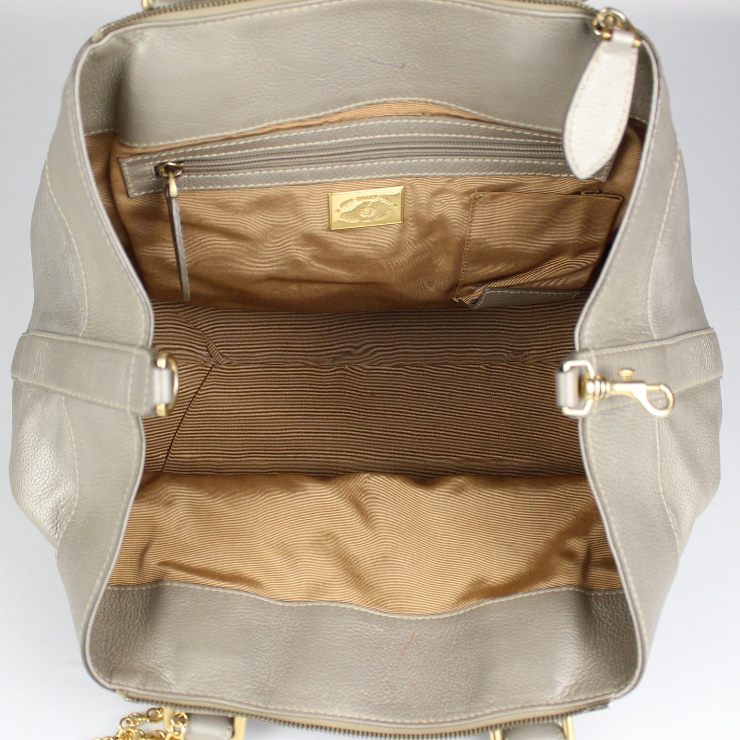 Authentic Pale Gold Textured Leather Satchel with Logo Charm