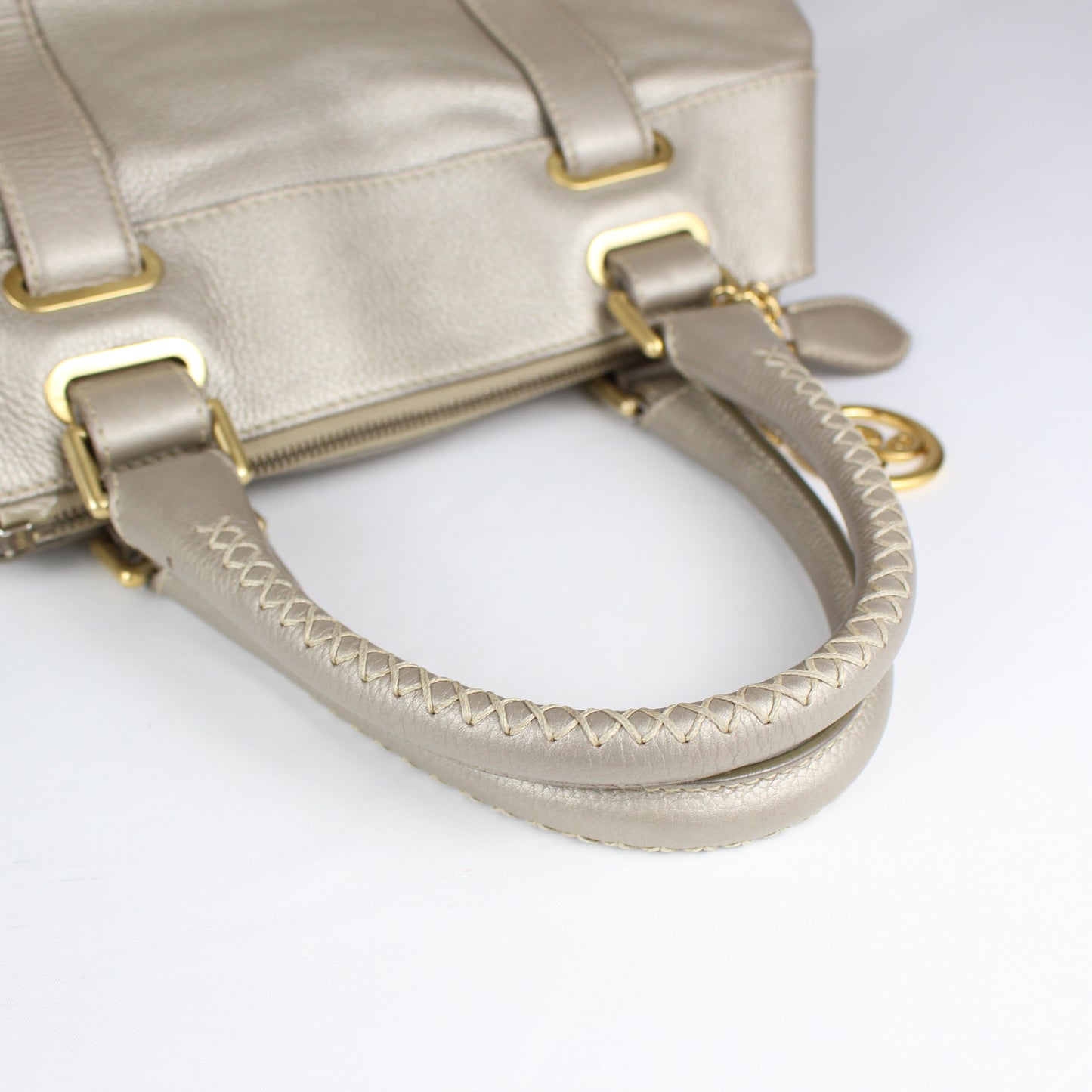 Authentic Pale Gold Textured Leather Satchel with Logo Charm