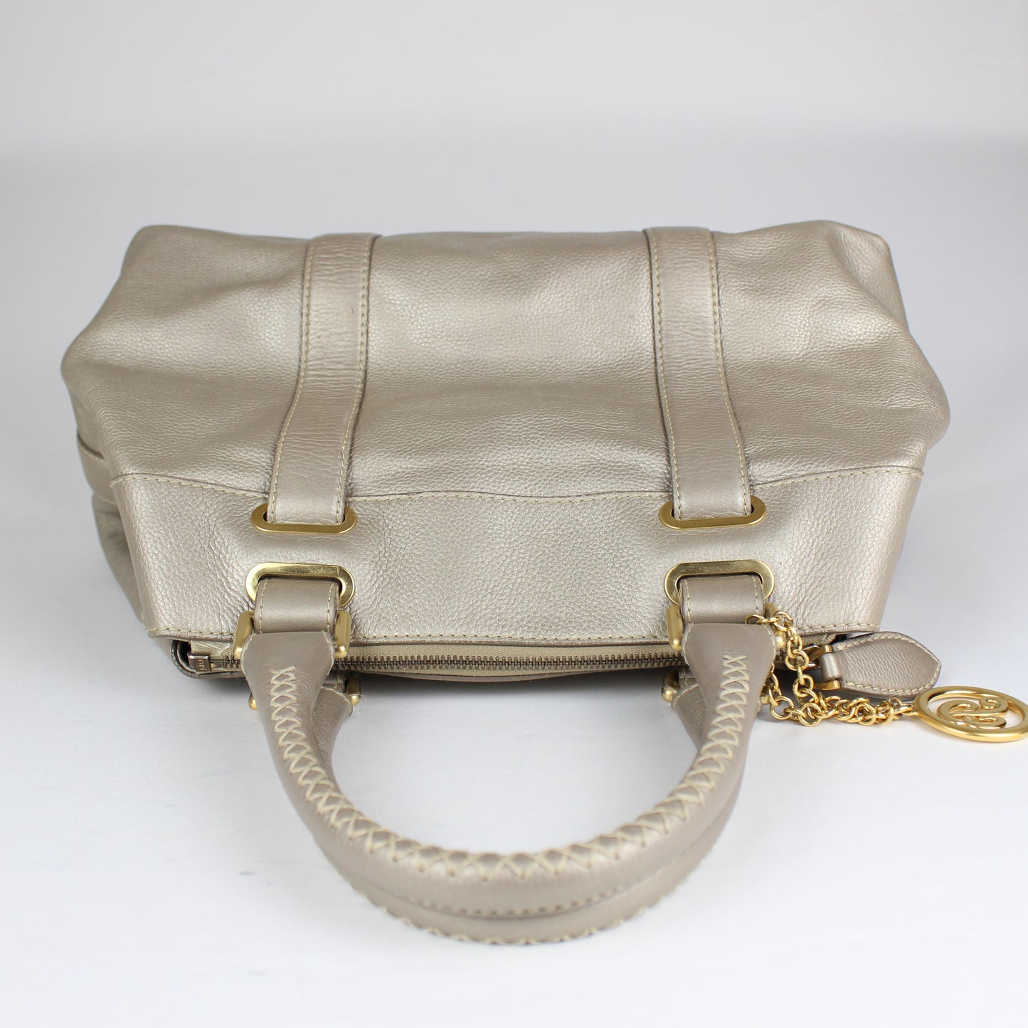 Authentic Pale Gold Textured Leather Satchel with Logo Charm