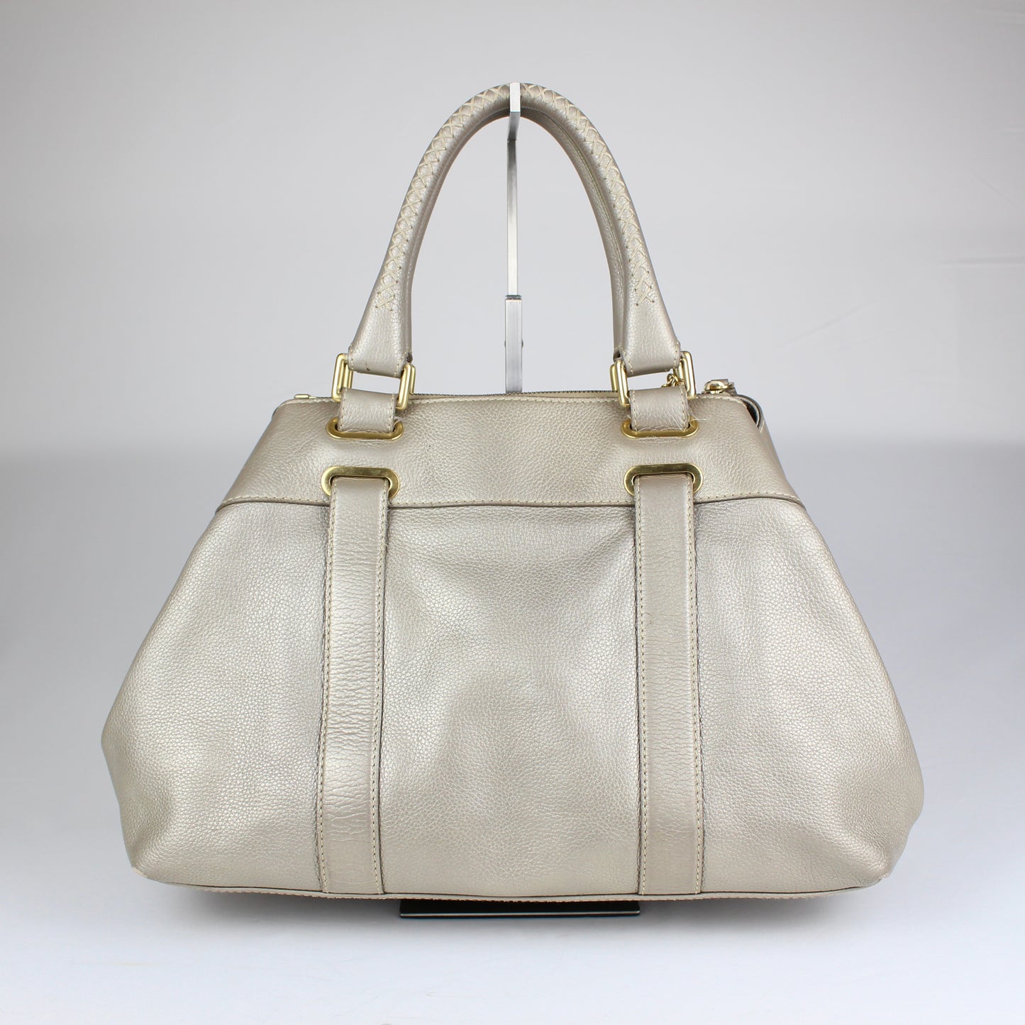 Authentic Pale Gold Textured Leather Satchel with Logo Charm