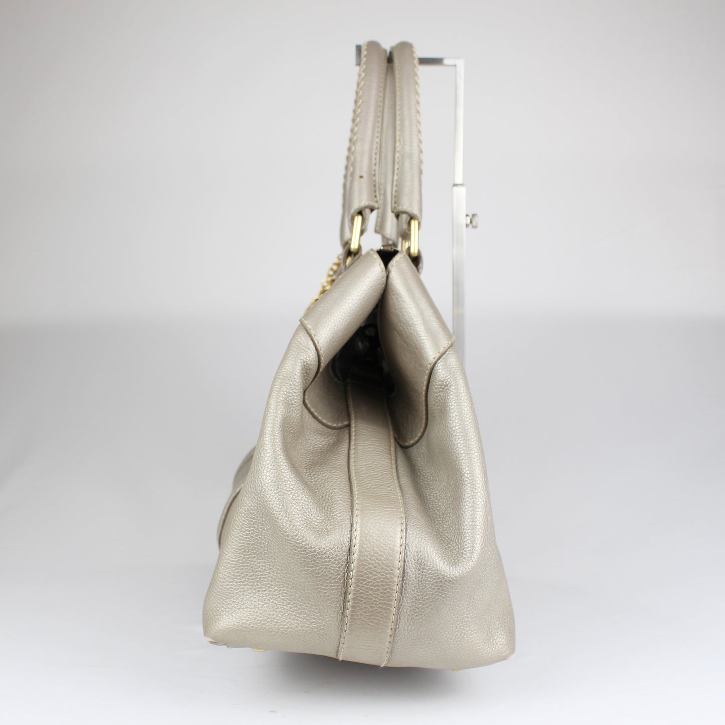 Authentic Pale Gold Textured Leather Satchel with Logo Charm