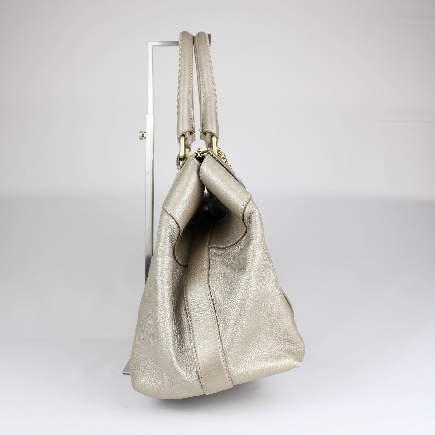 Authentic Pale Gold Textured Leather Satchel with Logo Charm