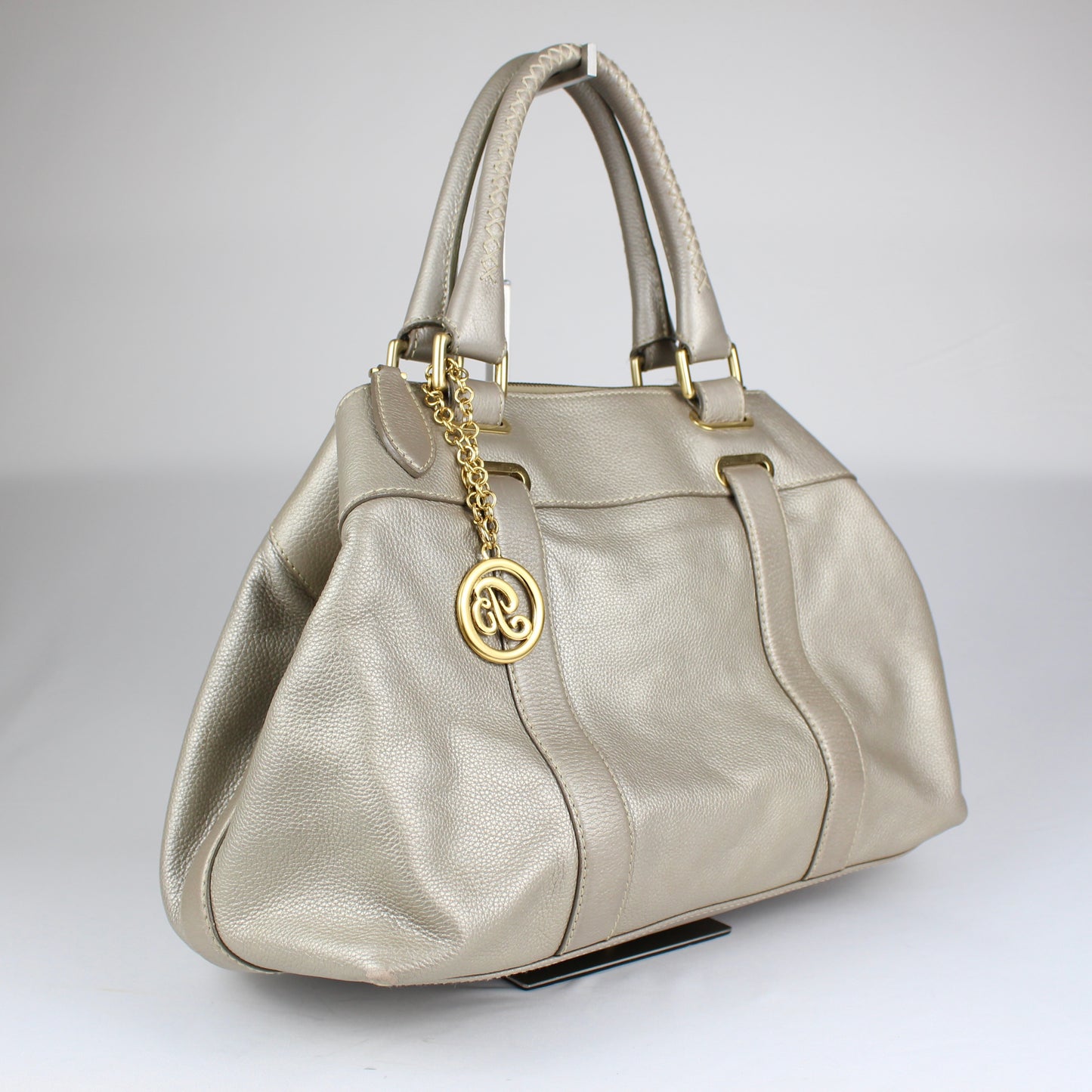 Authentic Pale Gold Textured Leather Satchel with Logo Charm