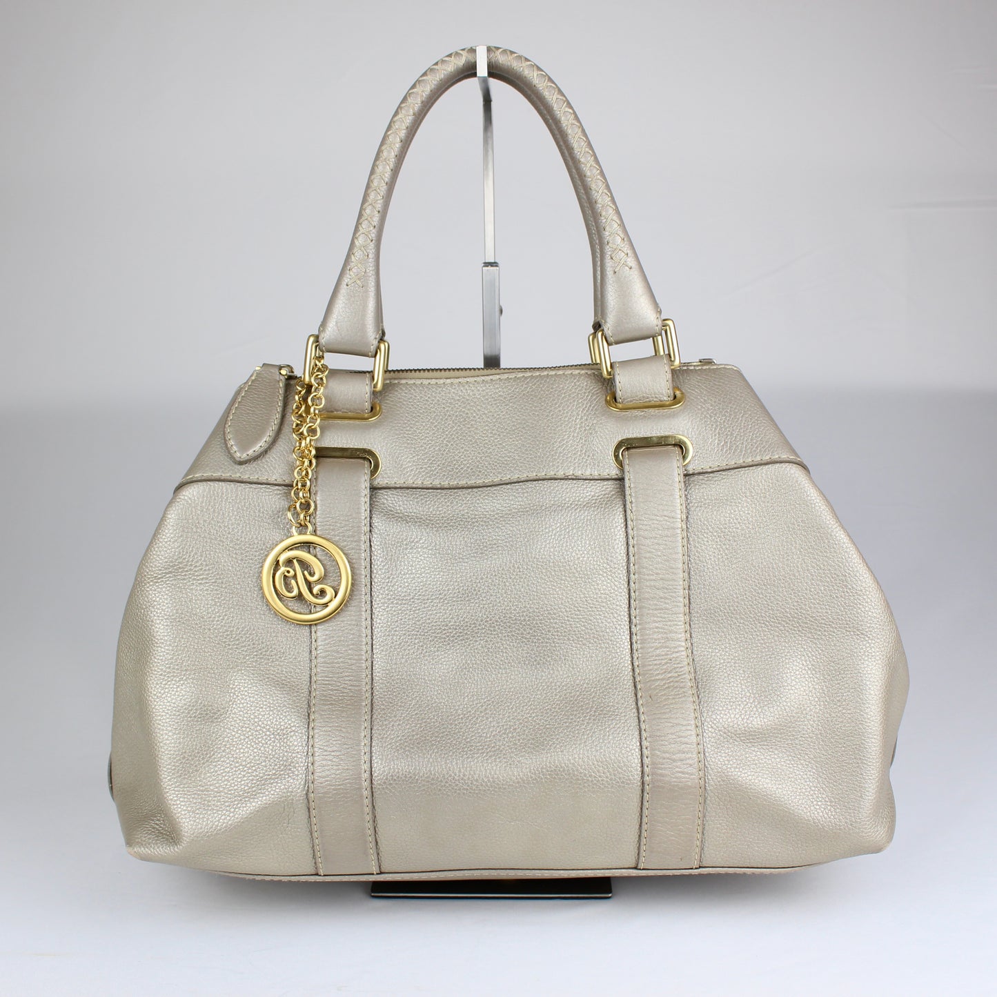 Authentic Pale Gold Textured Leather Satchel with Logo Charm